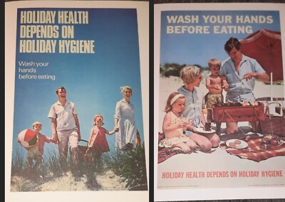 2x Urlaub Hygiene / Gesundheit 60er Jahre Public Info Plakate, Waschen vor dem Essen, Retro