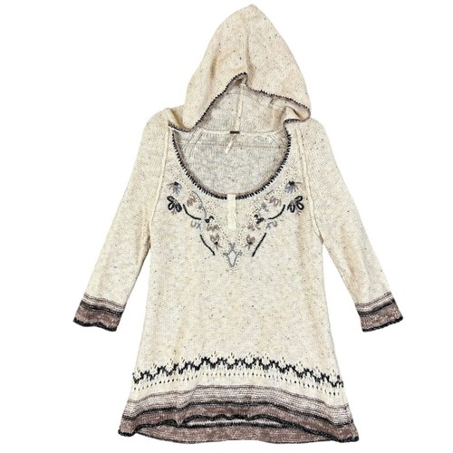 Free People Baja Kapuzen Tunika Pullover Pulli lockerer Strick creme mit Stickerei, M