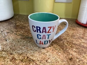 Colorful "CRAZY CAT LADY"Coffee/Cocoa Mug Shiny glaze Green Interior