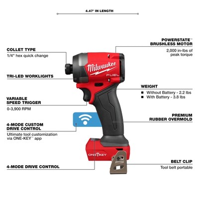 Milwaukee 2957-20 M18 FUEL 1/4 Inch Hex Impact Driver w/ ONE-KEY