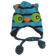 Girls Blue  Black Striped Knit Owl Trapper Hat Fleece Lined