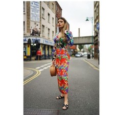 RIXO Sz S Fedora Midi Blouson Sleeve Silk Dress