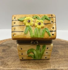 Vintage Darice Sunflowers Birdhouse Trinket Box Porcelain Hinged With Bow