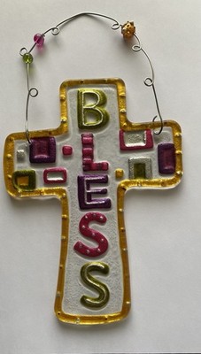 LORI SIEBERT FOR SILVESTRI GLASS FUSION SUN CATCHER CROSS BLESS 7.25'' X 5.25''