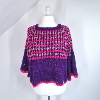 Handarbeit Häkel Pullover lila rosa Oversize Grobstrick Oma 3/4 Arm XXL