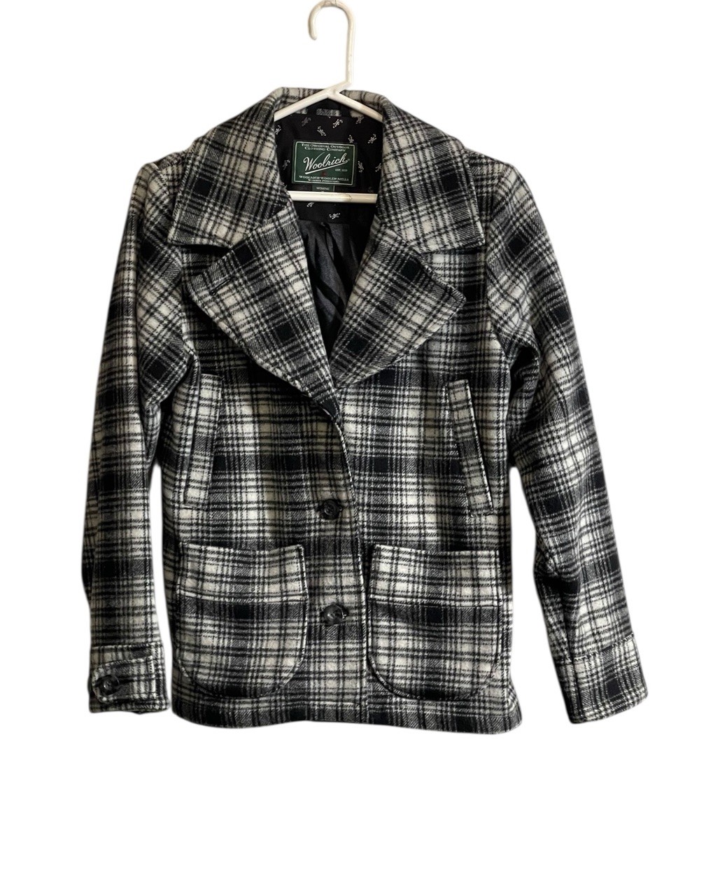 Woolrich Plaid Pea Coat  Womens Medium Black Wool Blend Buffalo Classic