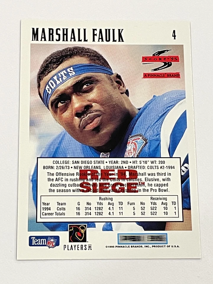 1995 Score Football Red Siege #4 - Marshall Faulk - Indianapolis Colts - Image 2 of 2