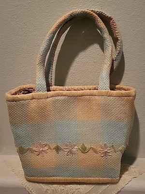 Sun 'n' Sand Natural Woven Hand Bag Raffia Blue Checkered Floral Purse 