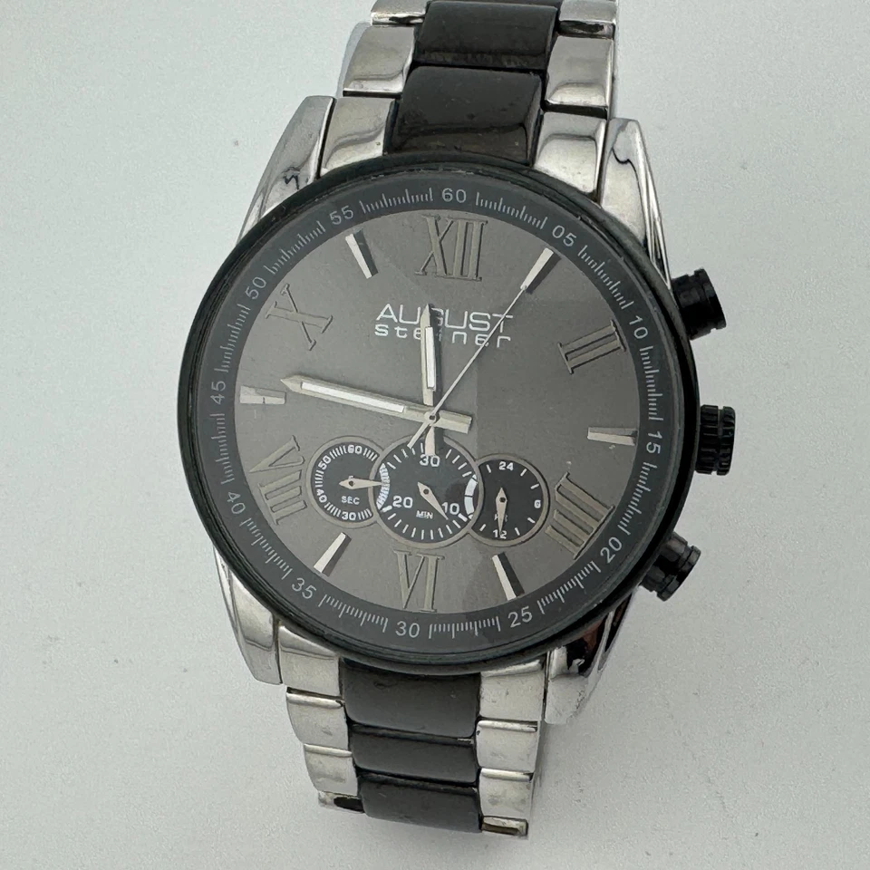 August Steiner Quartz Watch Men 30m Silver Black Day Date Analog New Batter 7.5" - Image 2 of 4