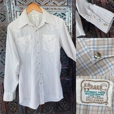 VTG H Bar C Western Pearl Snap Shirt Mens M/L Tan Plaid Ranch Cowboy Lightweight