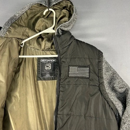 Distortion Mens Large Black Grey Hybrid Puffer Jacket Vest Knit Sleeves Flag L image 2