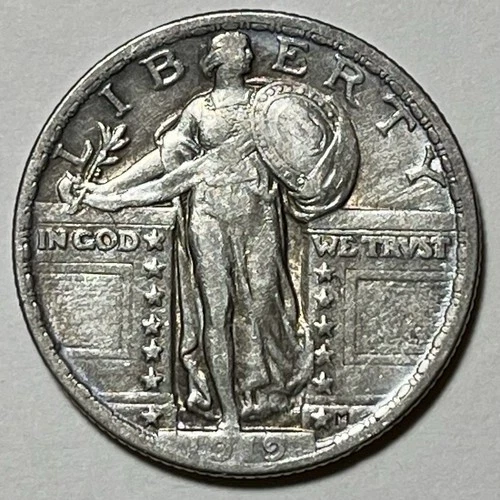 1919 Philadelphia Mint Silver Standing Liberty Quarter VF —SUBTLE GOLDEN TONE 🔥