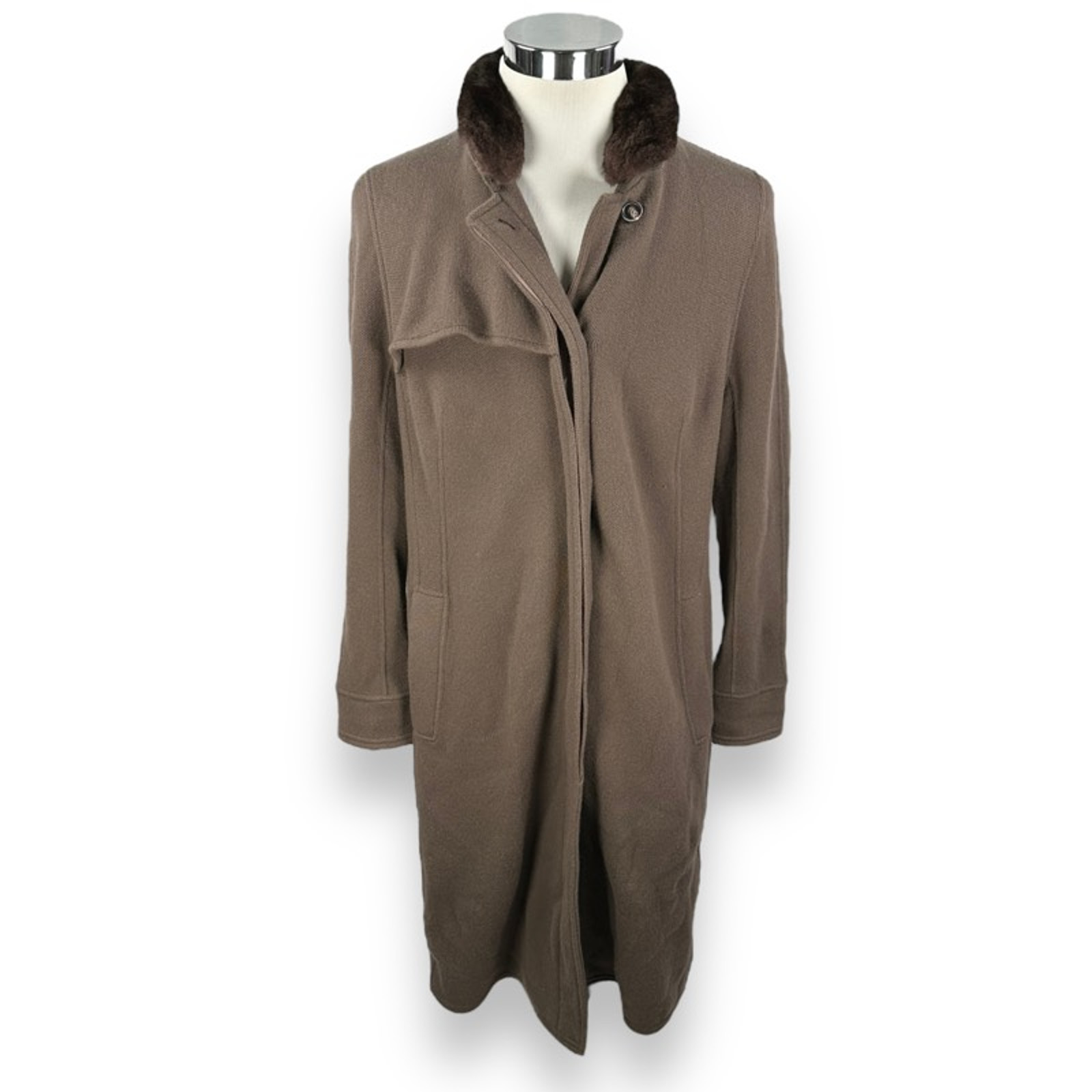 Akris Cashmere Coat Women's 12 Brown Removable Chinchilla Collar Button Pockets