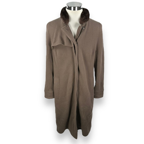 Akris Cashmere Coat Women's 12 Brown Removable Chinchilla Collar Button Pockets