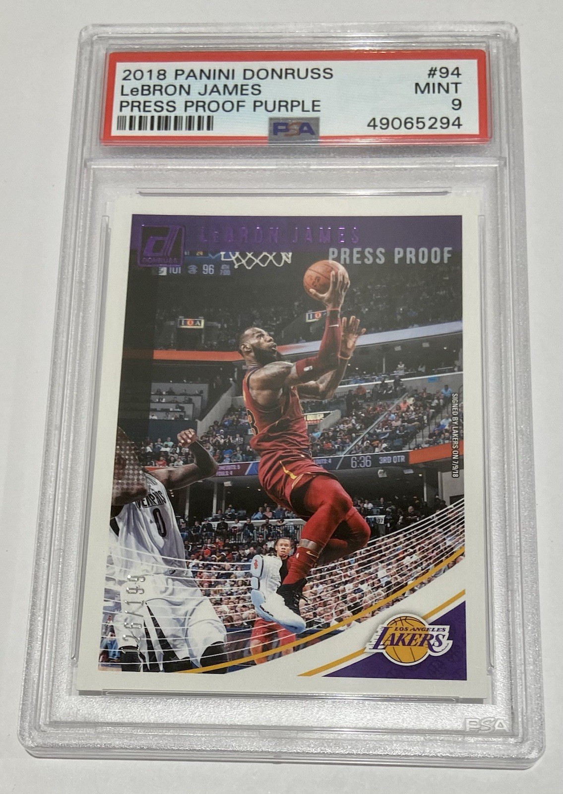 2018-19 Panini Donruss Purple Press Proof /199 Lebron James #94 PSA 9 NBA Lakers