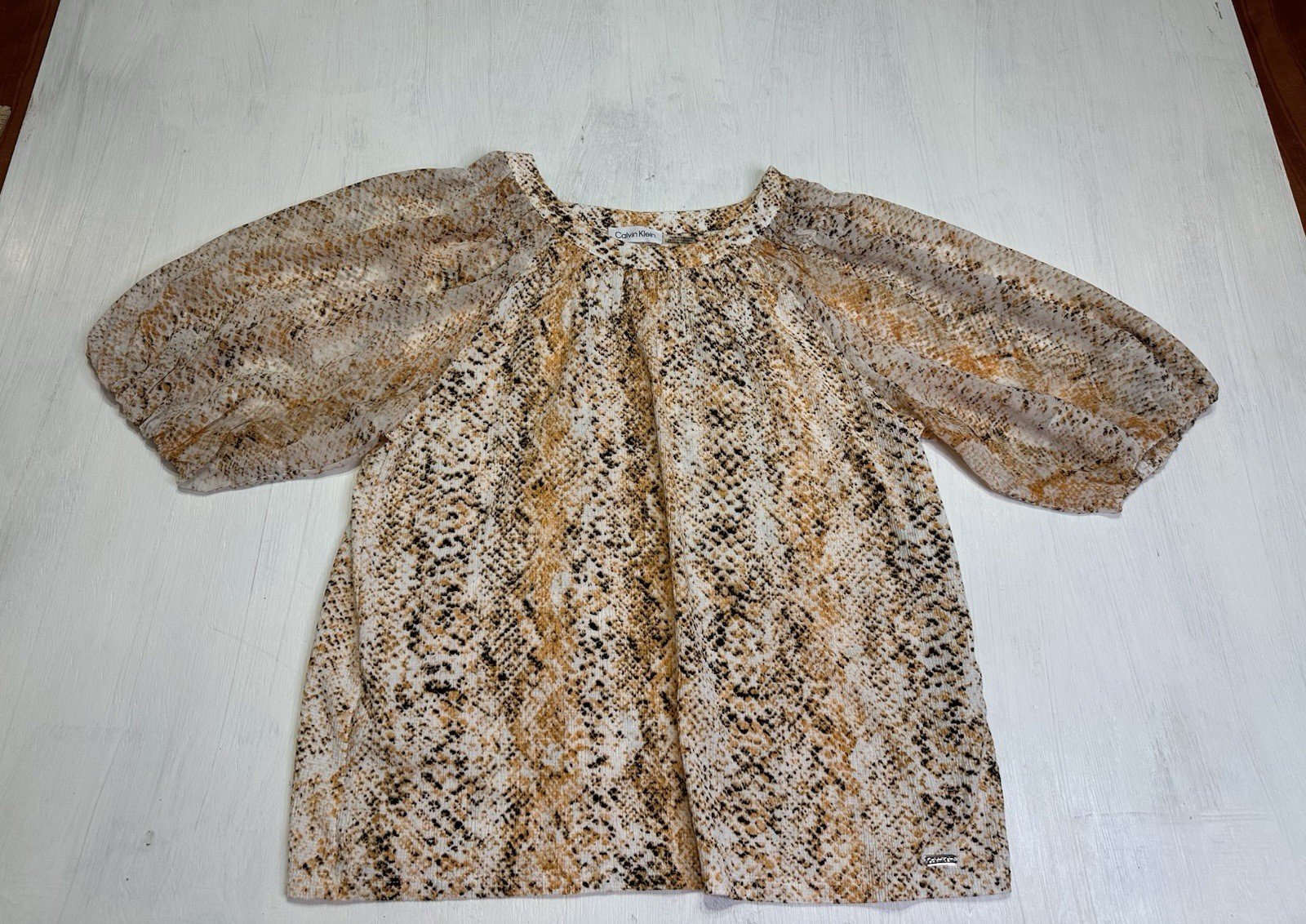 Calvin Klein Womens Medium Snake Print Blouse Sheer Sleeve Animal Print Top thumbnail 2