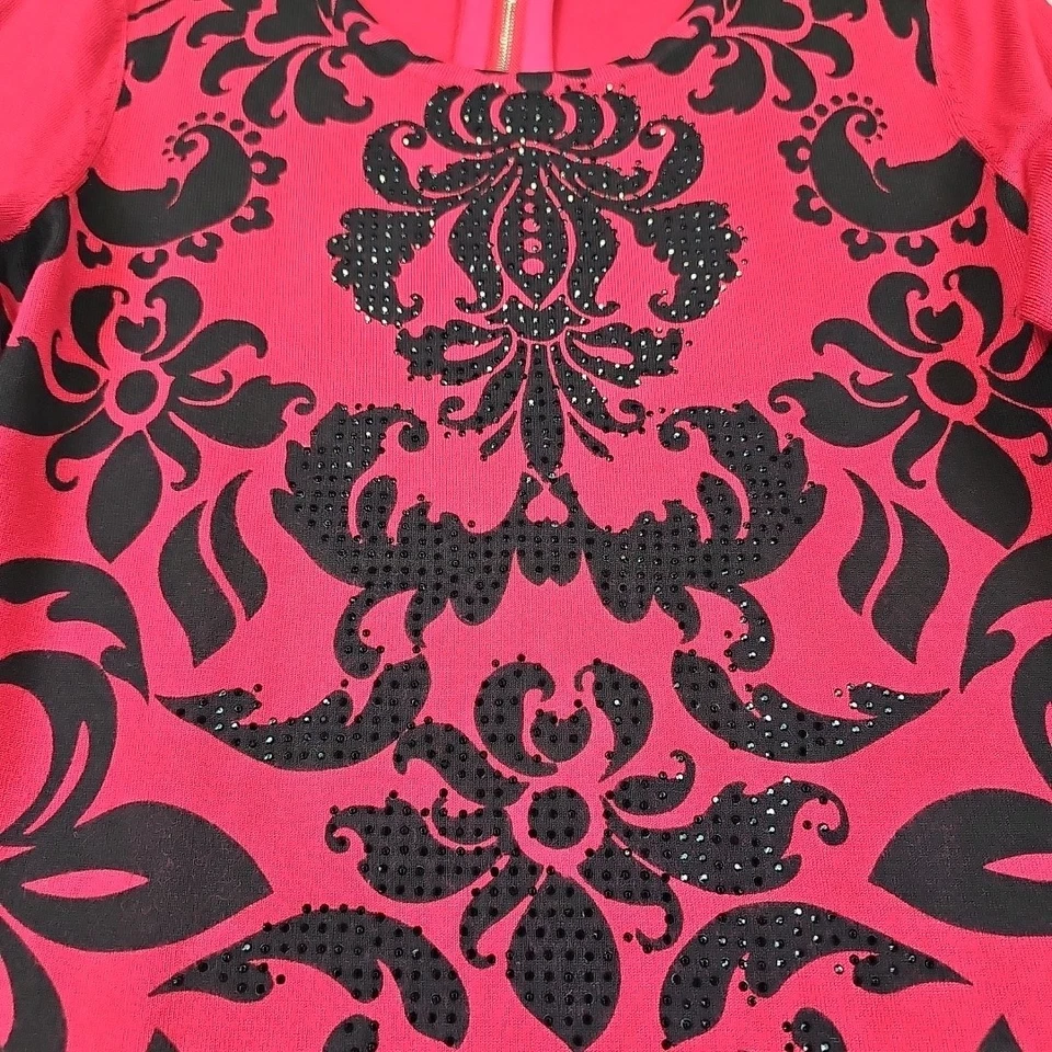 Alfani Sweater Dress Womens Size XS Red Black Floral Paisley 3/4 Sleeve Holiday - Image 3 of 4
