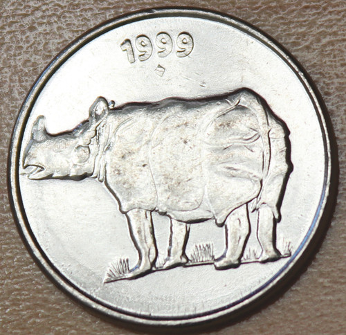 1999 India 25 Paise Mumbai Mint Rhinoceros Unc.