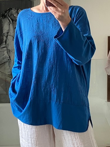 Made in Italy Lagenlook Boxy Cotton Top in Blue Embroidered Front One Size - Picture 7 of 14