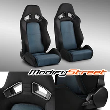 2 x Universal Black+Blue Mesh Fabric Reclinable Racing Seats Left/Right W/Slider
