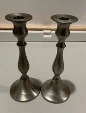 VTG SET OF 2 PEWTER FINISH CANDLESTICKS TAPER CANDLE HOLDERS MADE IN INDIA 8.75"