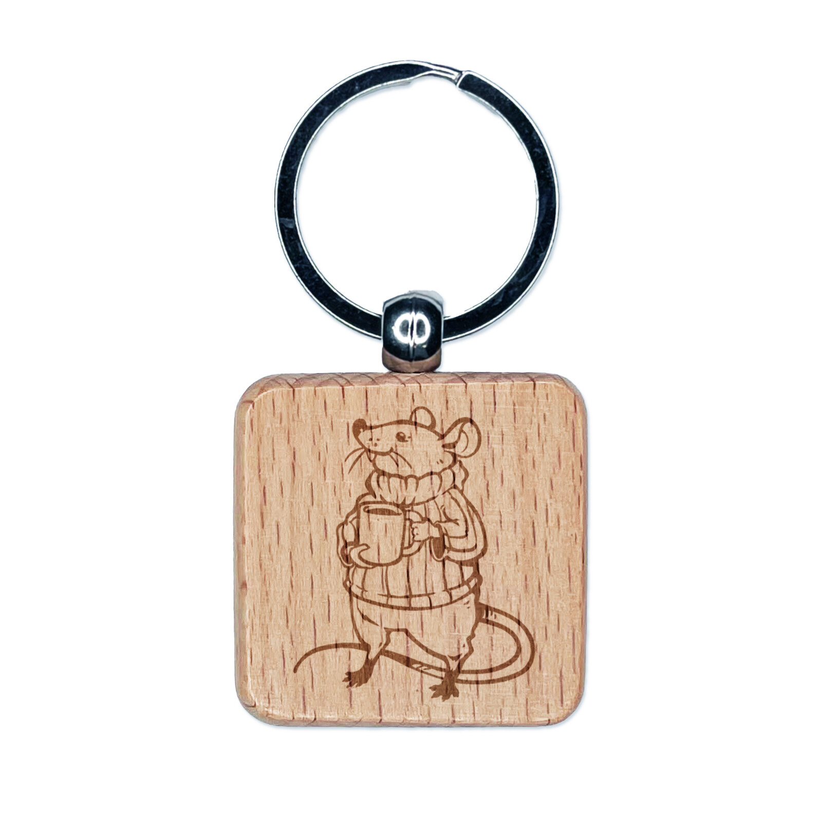 Cozy Sweater Mouse Mug Engraved Wood Keychain Charm  