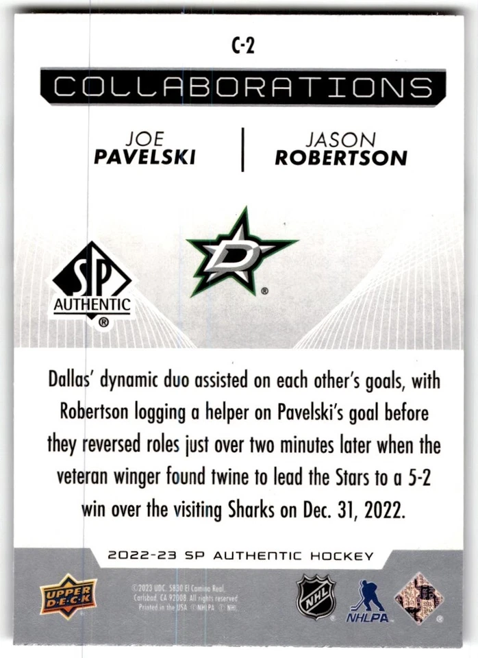 2022-23 SP Authentic Collaborations Joe Pavelski/Jason Robertson #C-2 - Image 2 of 2