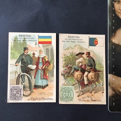 2 Chromos Flaggen Die Post in Rumänien Portugal 19. Jh. Zahnpasta Dentol Scraps