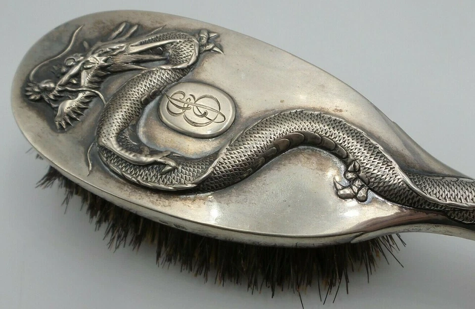 Antique 1900s TUCK CHANG Chinese Export Sterling Silver Dragon Vanity Brush - Image 2 of 4