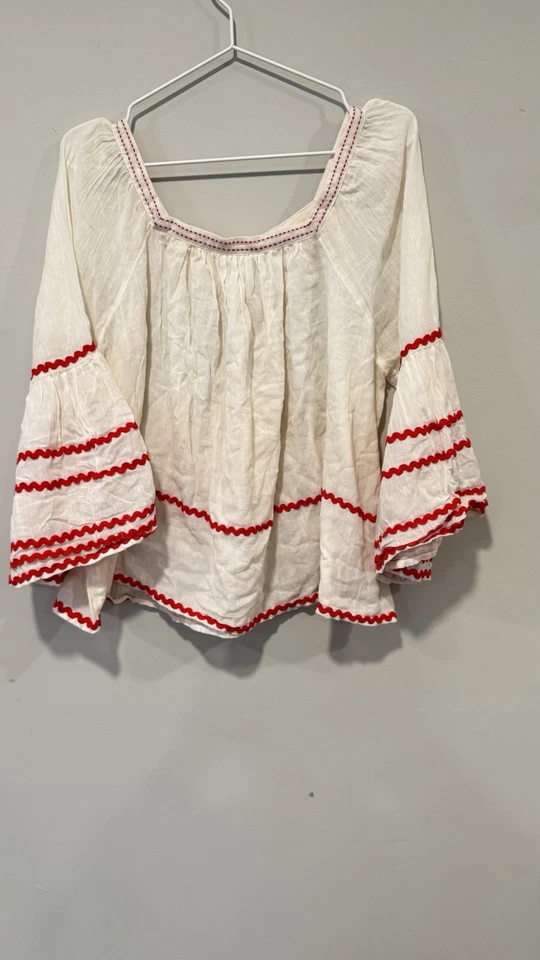 MUJER MONZÓN TALLA GRANDE BLANCO/ROJO BORDADO MANGAS ACAMPANADAS TOP 1693 Foto 2 de 4