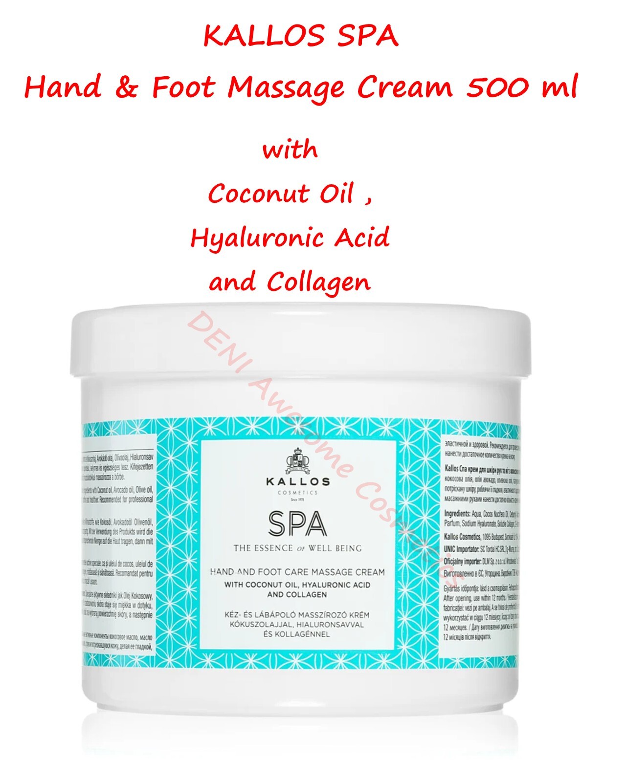 Kallos SPA Hand & Foot Massage Cream 500 ml with Coconut Oil,Hyaluronic Acid
