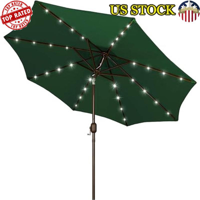 9 ft Solar LED Lighted Patio Market Umbrella Tilt/Crank Operation Dark Green New