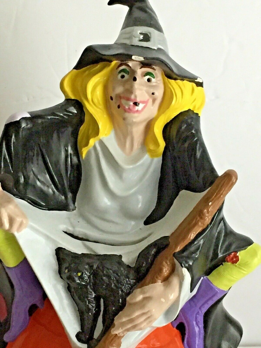 Vintage Halloween Ceramic Witch Sitting Atop Jack O Lantern Corded