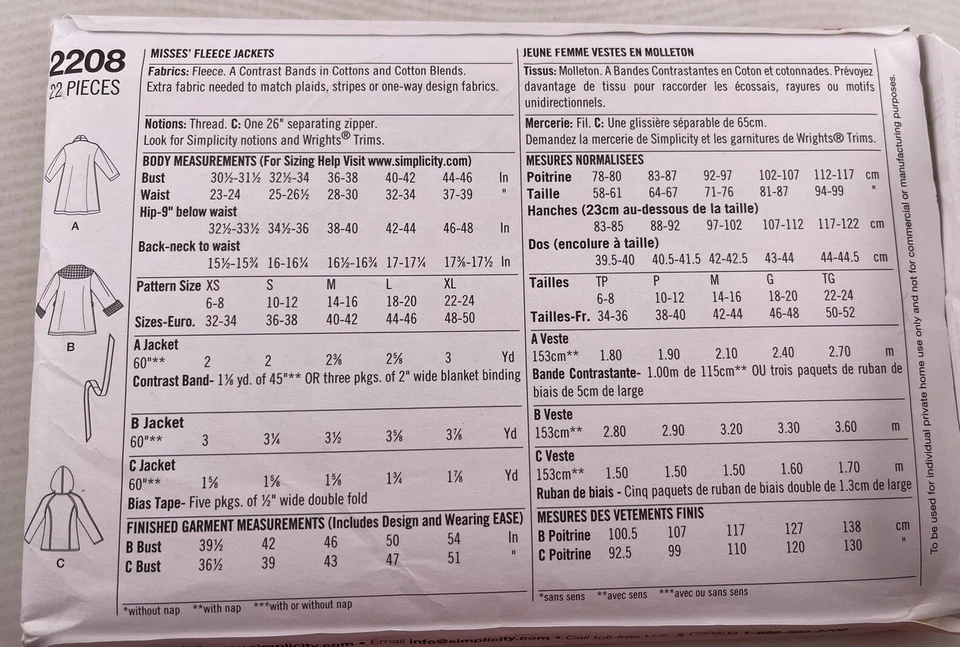 Simplicity 2208 Misses Fleece Jackets coats Sewing Pattern Size XS-XL 6-24 Uncut - Image 2 of 3
