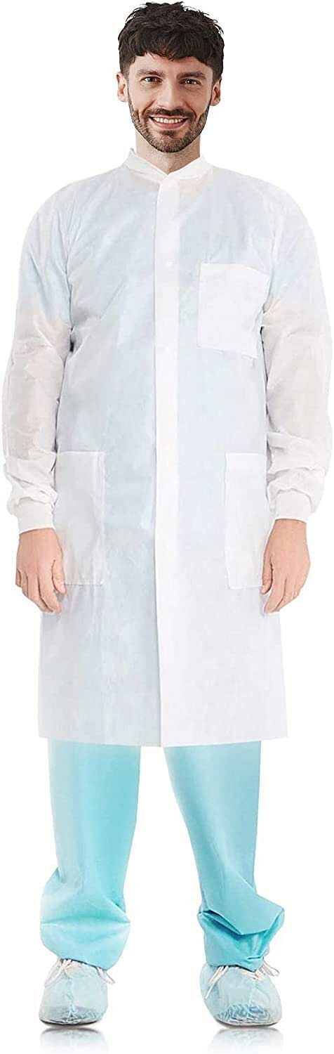 White Disposable Lab Coats for Adults, Large Size, 10-Pack with Snap Closure