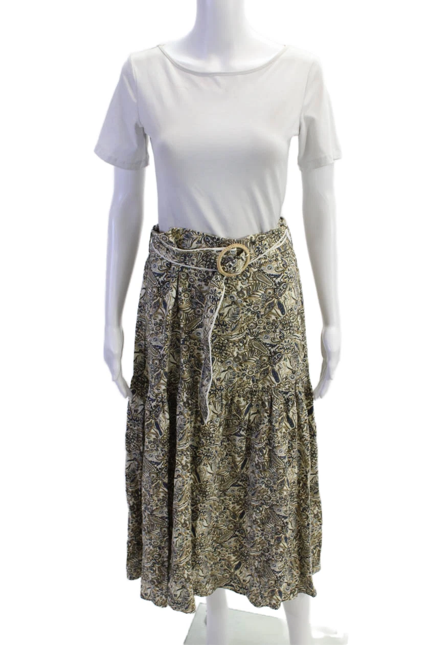 Rachel Zoe Womens Linen Paisley Belt A-line Skirt Brown Multicolor Size S