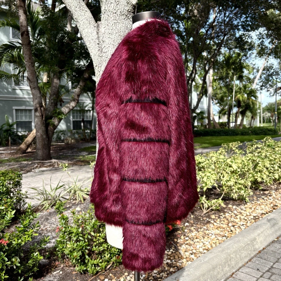 Fair Child Burgundy Purple Faux Fur Jacket Size S Designer Y2K Trendy Lux Coat - Image 3 of 4