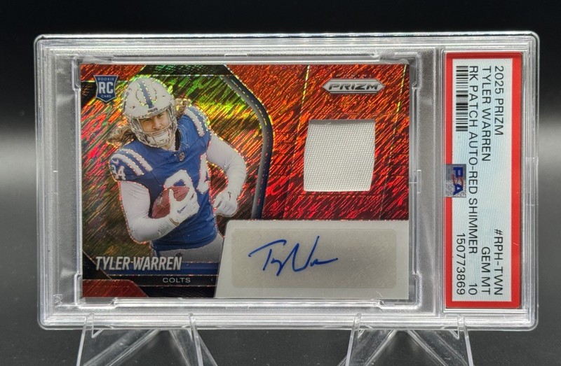 2025 Panini Prizm Tyler Warren Rookie Patch Auto RC Red Shimmer /35 Pop 2 PSA 10