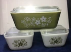 Vintage Pyrex Spring Blossom Crazy Daisy Refrigerator Dish 3pc Set Lids 501 502