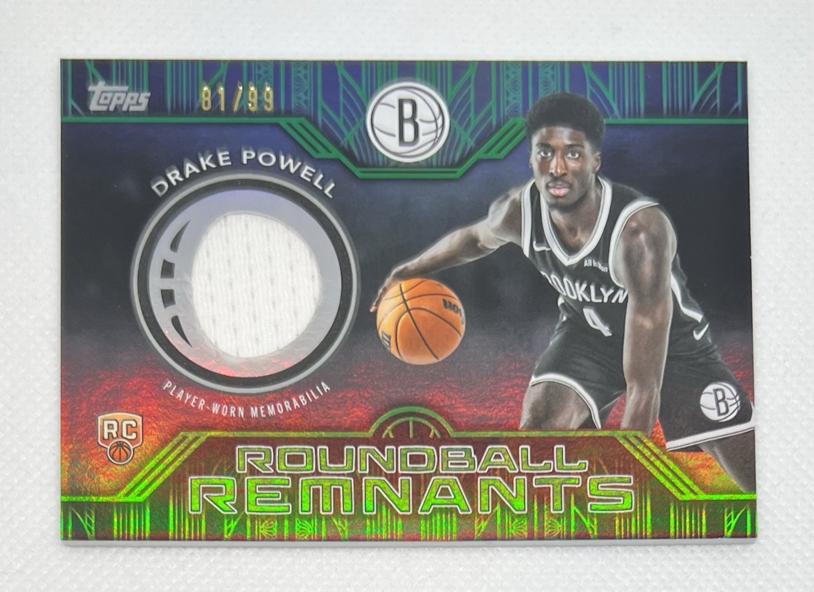 2025-26 Topps Roundball Remnants Memorabilia Green Rainbow RC Drake Powell /99