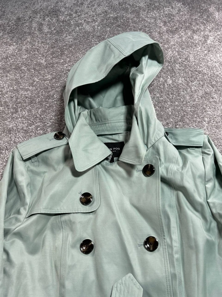 London Fog Trench Coat Womens Large Green Cotton Double Breasted Belted Hooded - Image 3 of 4