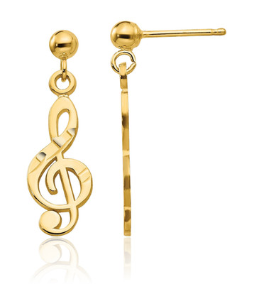 14K Solid Yellow Gold Medium Music Note Dangle Earrings 22mm 7/8 inch Butterfly