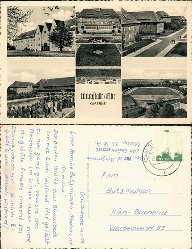 Glückstadt Lykstad Kaserne mit Sportplatz, Soldaten, Mehrbildkarte 1959