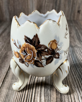 Cracked Egg Vase Brown Roses 3 Footed Porcelain Gold Trim 3.75in tall Numbered