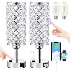 Crystal Lamp Touch Control Set of 2, Sliver Crystal Table Lamps with USB C A Por