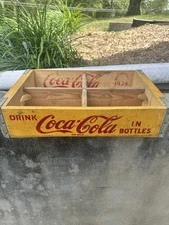 1974 Coca-Cola Yellow Wooden 4 Section 24 ~ 12oz Soda Bottle Crate Chattanooga