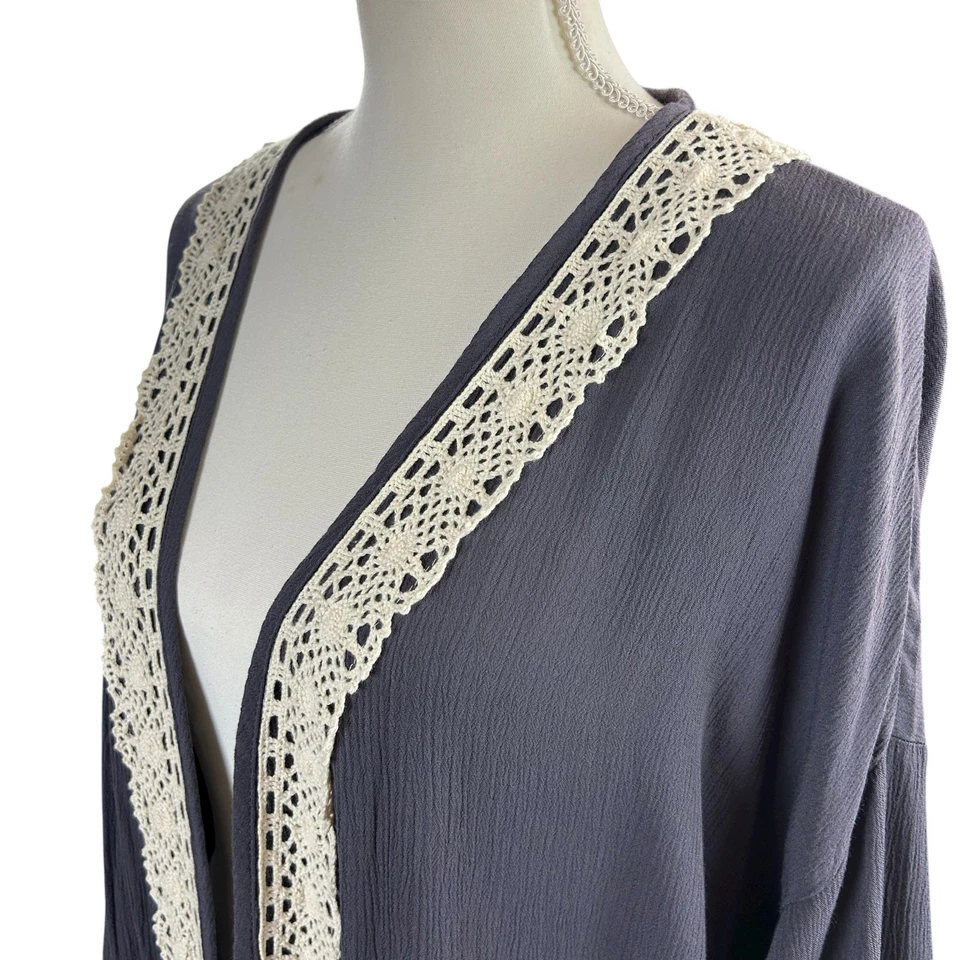 Cárdigan Weavers Frente Abierto Mujer Talla S Gris Crema Flecos Crochet Boho Kimono Foto 2 de 4