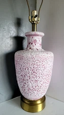 Vtg Mid Century Modern White & Pink Lava Glaze Ceramic Jar & Brass Table Lamp