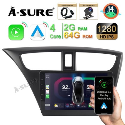 DAB+ Autoradio 2+64GB Für Honda Civic IX 2012-2017 Android 14 GPS Navi Kamera