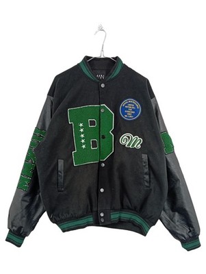 boohooMAN College Varsity Jacke Herren Gr. L Schwarz Grün Lederärmel